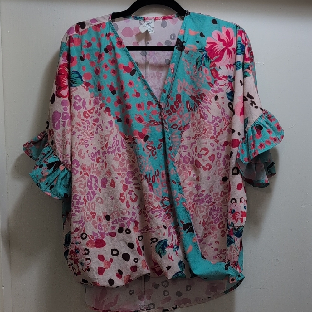 Umgee Pink and Teal Floral Ruffle Blouse